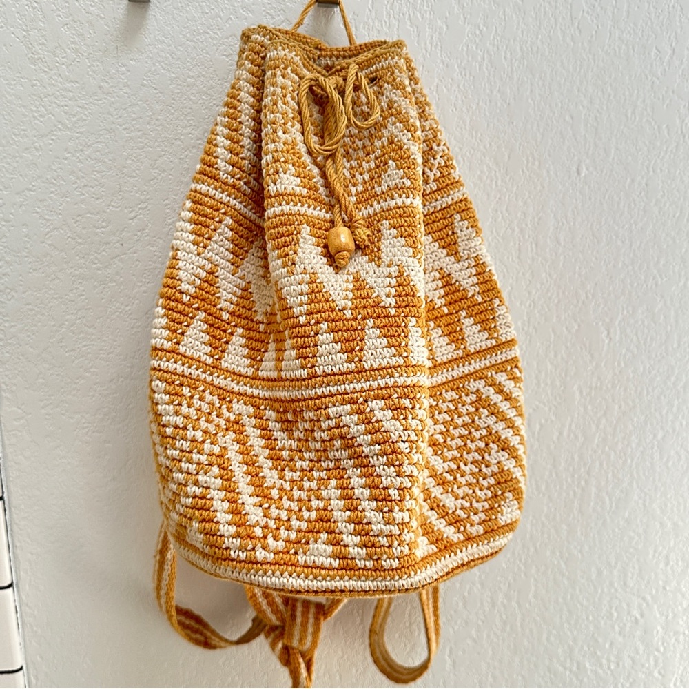 Handmade Woven Wayuu Boho Bucket Bag Geometric Back Carrier Drawstring Closure